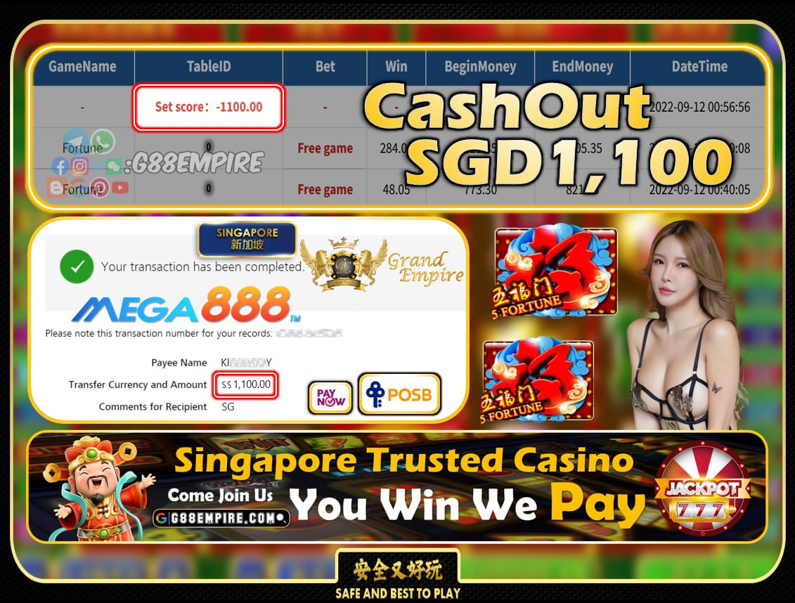 MEGA888 ~ FORTUNE CASHOUT SGD1100!!!