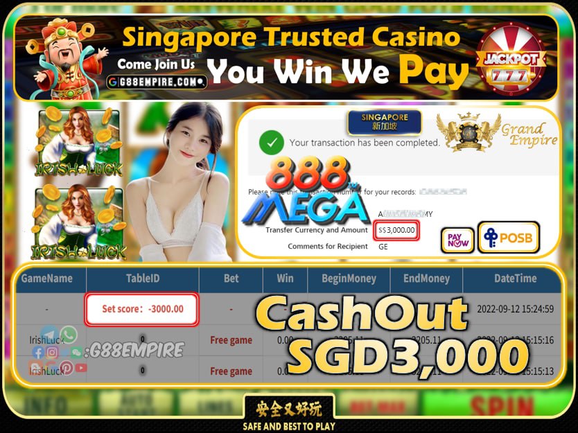 MEGA888 ~ IRISHLUCK CASHOUT SGD3000 !!!