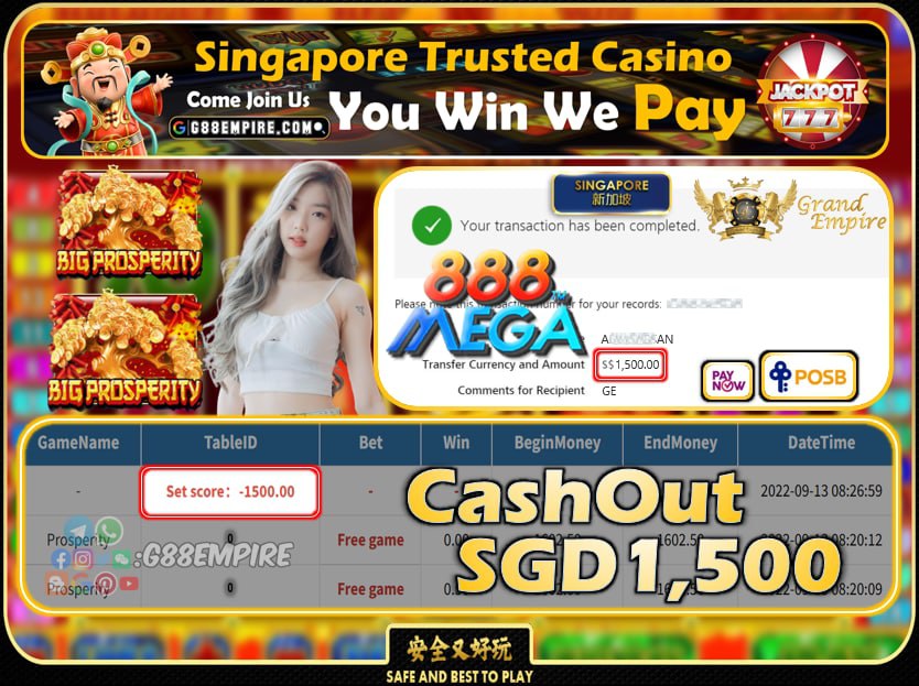 MEGA888 ~ PROSPERITY CASHOUT SGD1500 !!!