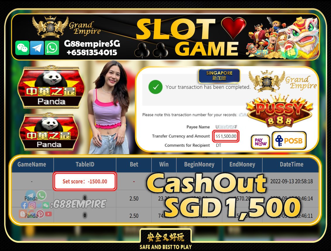 PUSSY888 ~ PANDA CASHOUT SGD1500!!!