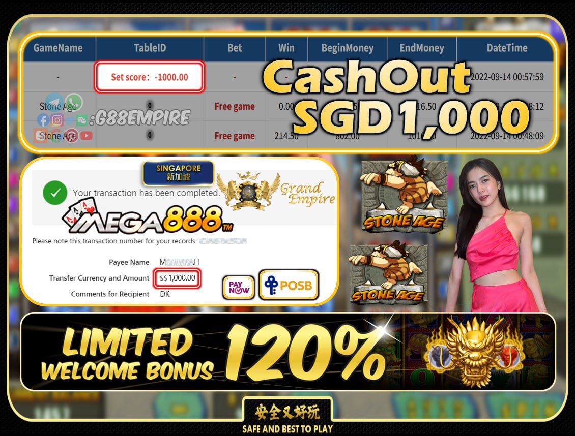 MEGA888 ~ STONEAGE CASHOUT SGD1000!!!