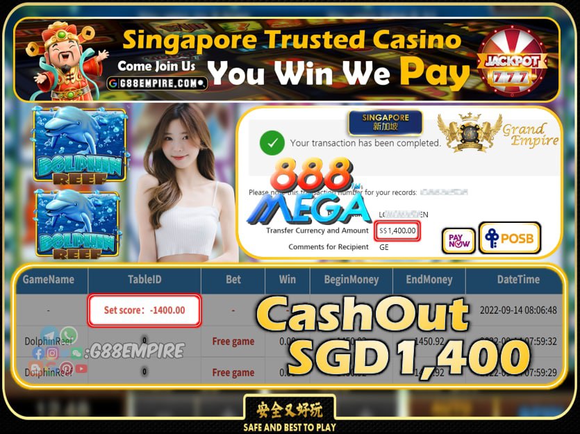 MEGA888 ~ DOLPHINREEF CASHOUT SGD1400 !!!