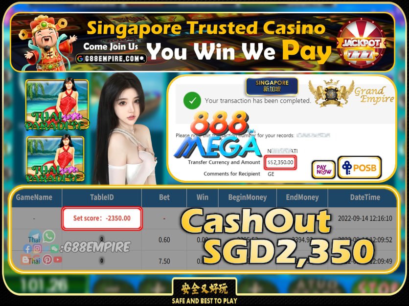 MEGA888 ~ THAI CASHOUT SGD2350 !!!