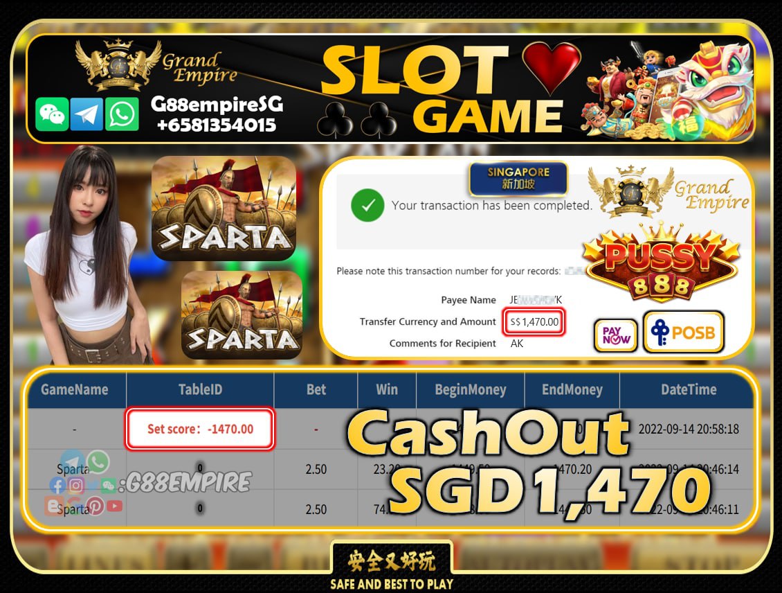 PUSSY888 ~ SPARTA CASHOUT SGD1470!!!