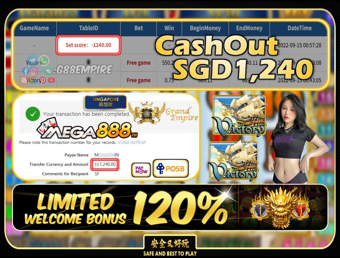 MEGA888 ~ VICTORY CASHOUT SGD1240!!!