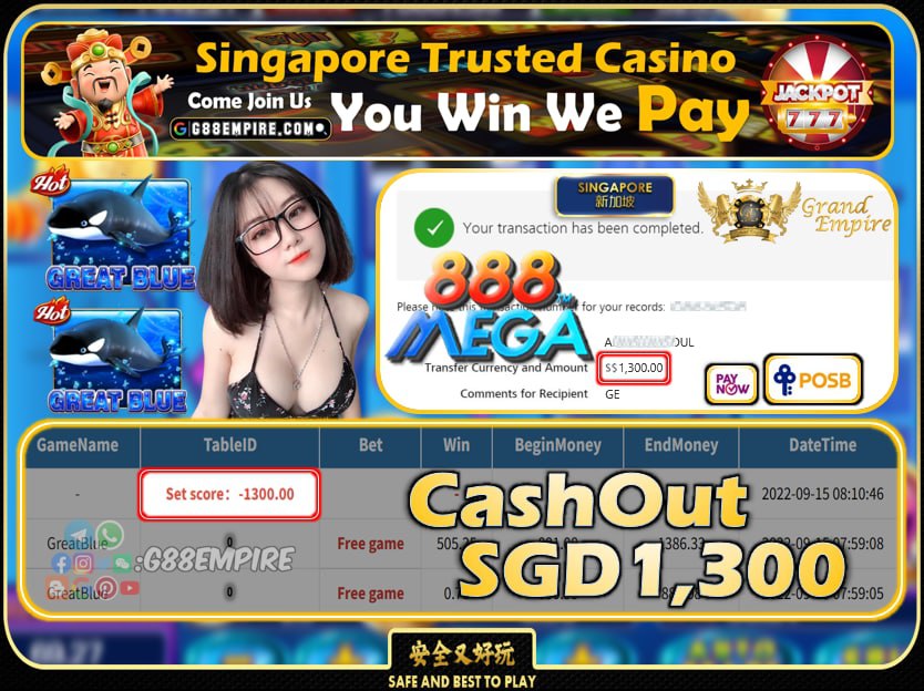 MEGA888 ~ GREATBLUE CASHOUT SGD1300 !!!