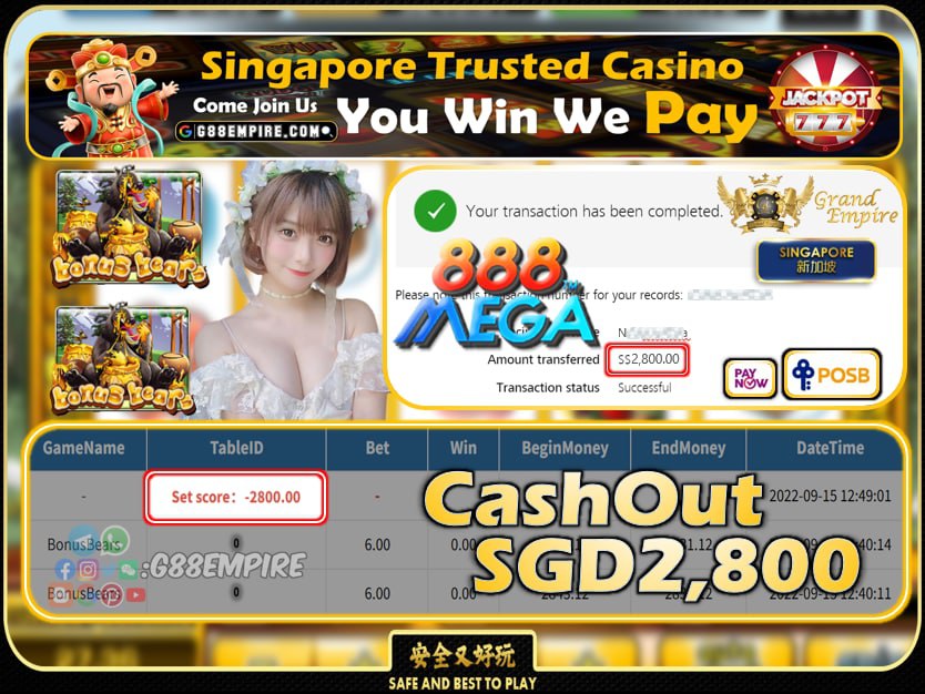 MEGA888 ~ BONUSBEARS CASHOUT SGD2800 !!!