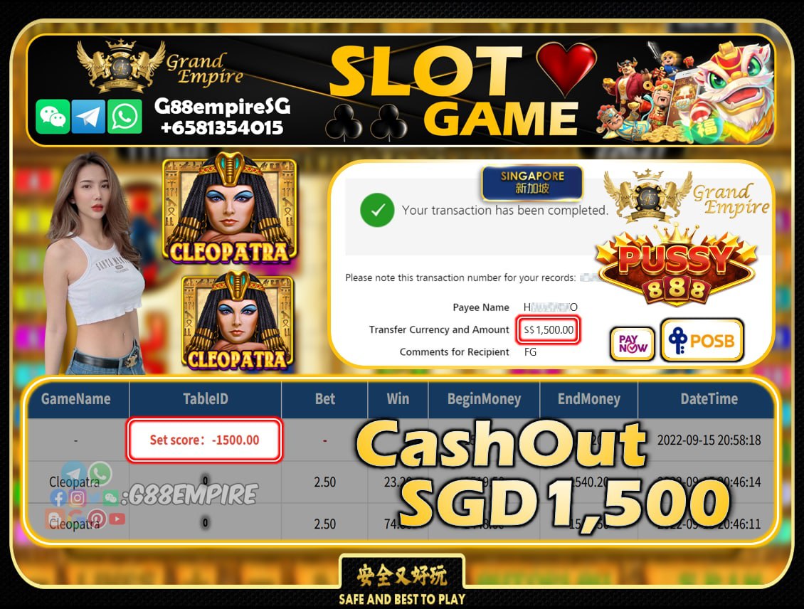 PUSSY888 ~ CLEOPATRA CASHOUT SGD1500!!!