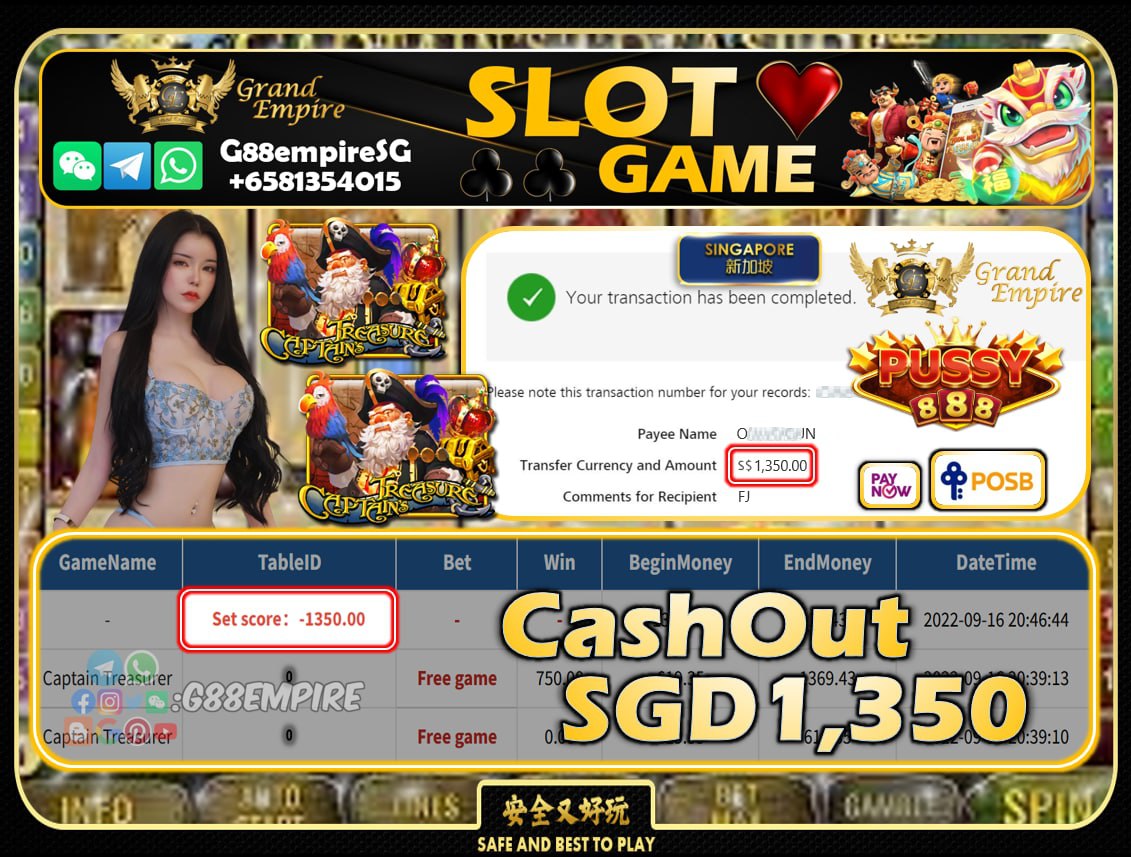 PUSSY888 ~ CAPTAINTREASURE CASHOUT SGD1350!!!