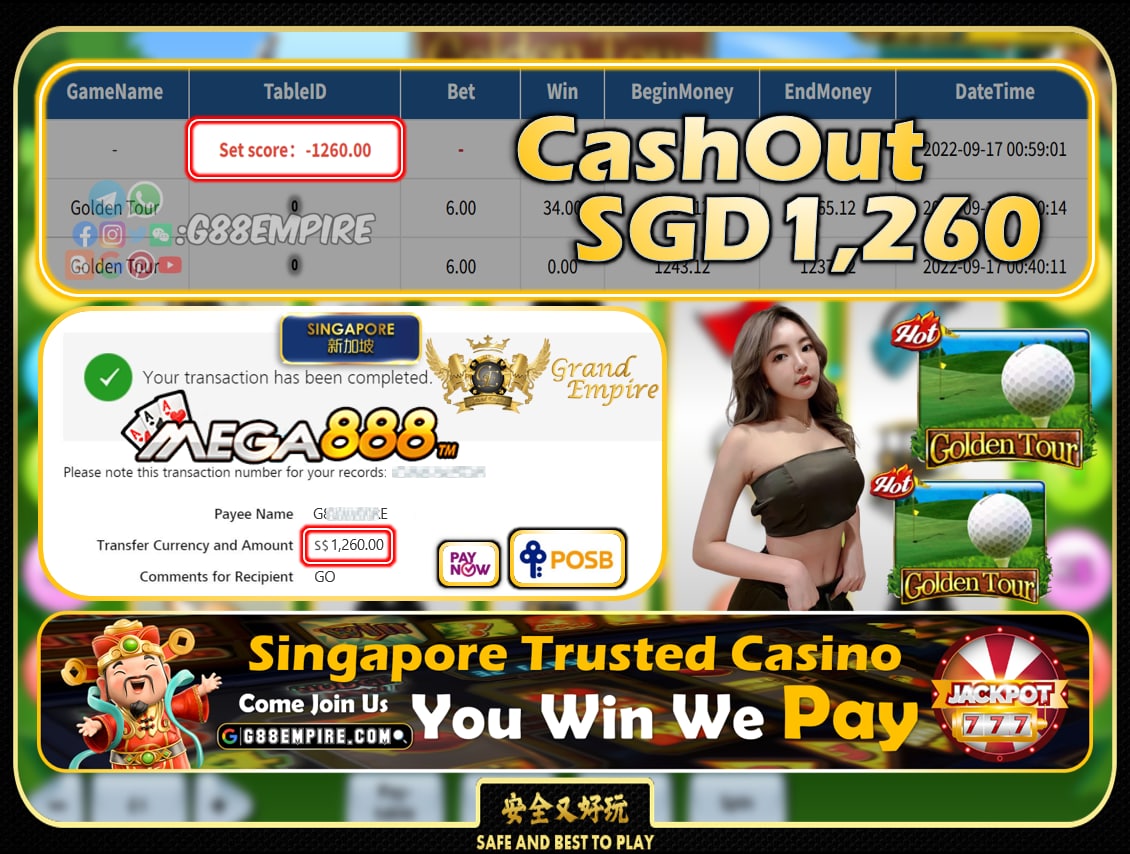 MEGA888 ~ GOLDENTOUR CASHOUT SGD1260!!!