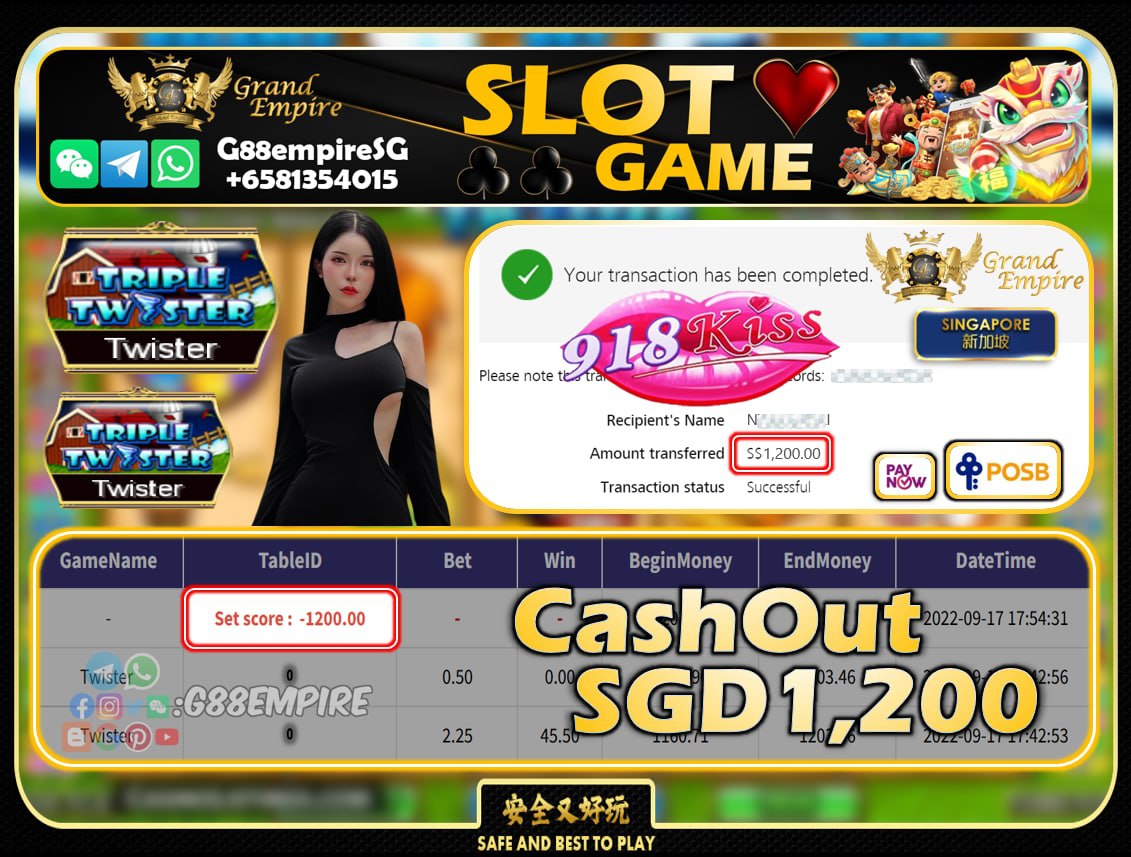 918KISS ~ TWISTER CASHOUT SGD1200!!!