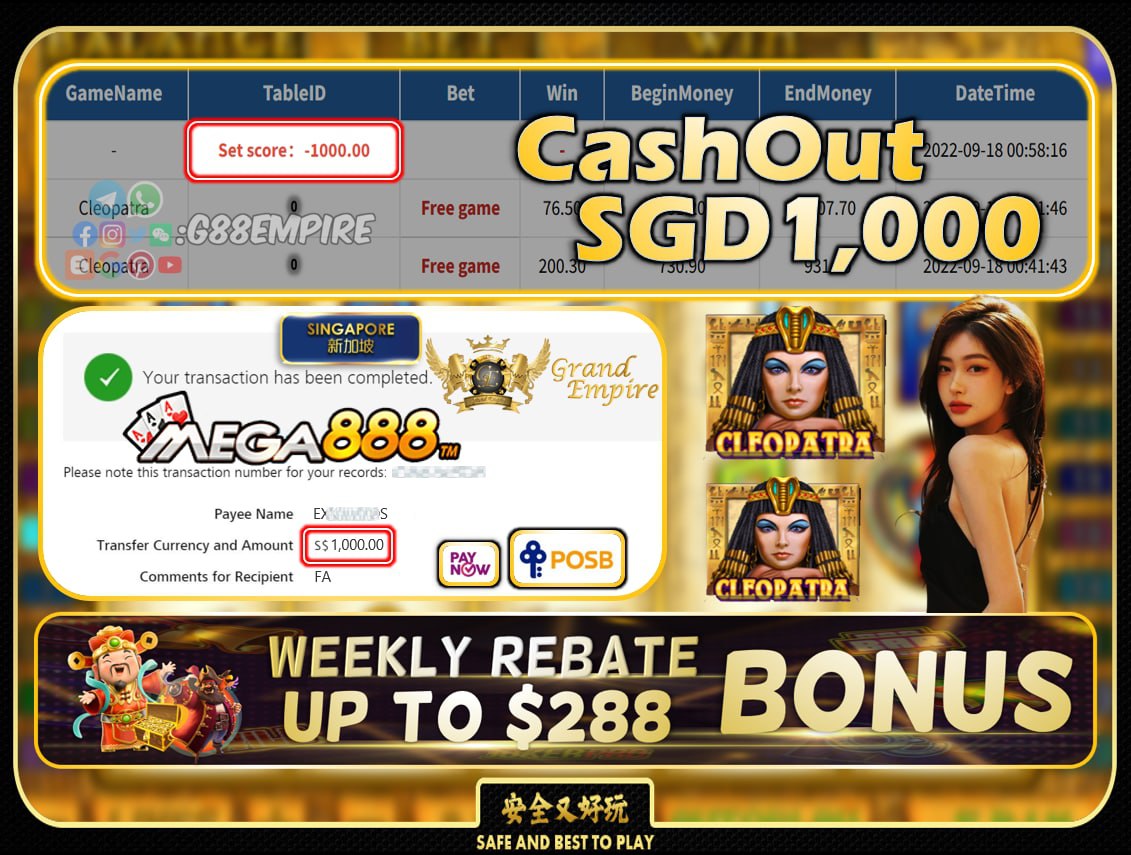 MEGA888 ~ CLEOPATRA CASHOUT SGD1000!!!