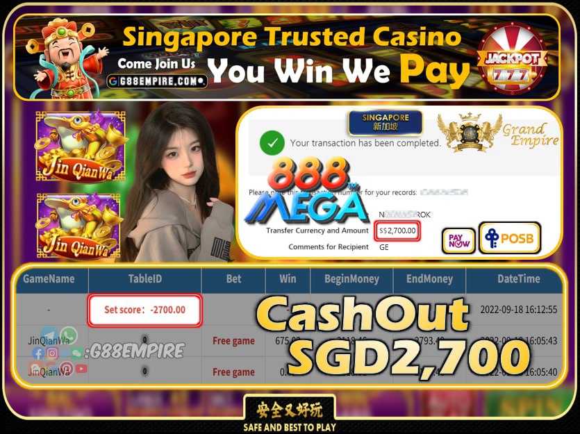 MEGA888 ~ JINQIANWA CASHOUT SGD2700 !!!