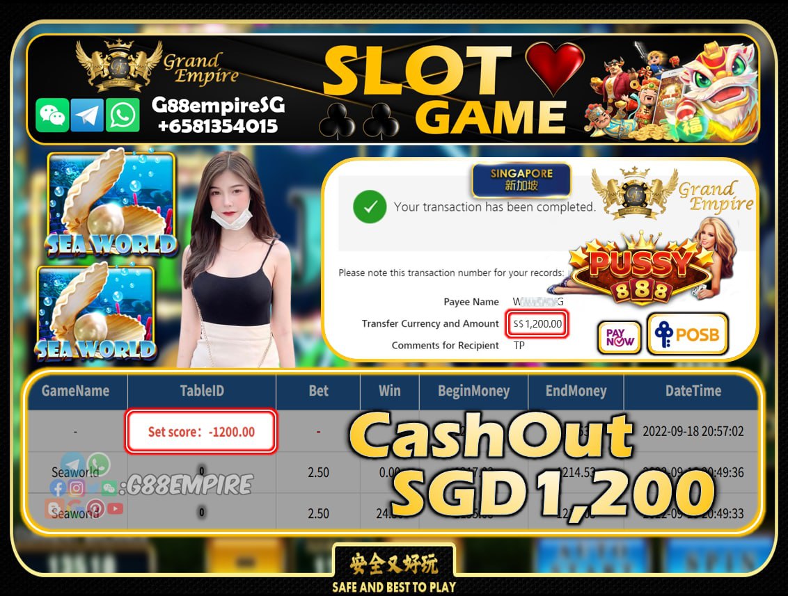 PUSSY888 ~ SEAWORLD CASHOUT SGD1200!!!