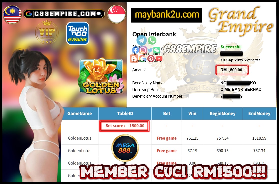 MEGA888 GOLDENLOTUS CUCI RM1500!