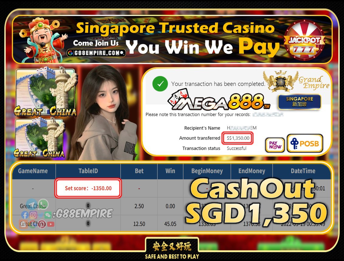 MEGA888 ~ GREATCHINA CASHOUT SGD1350!!!