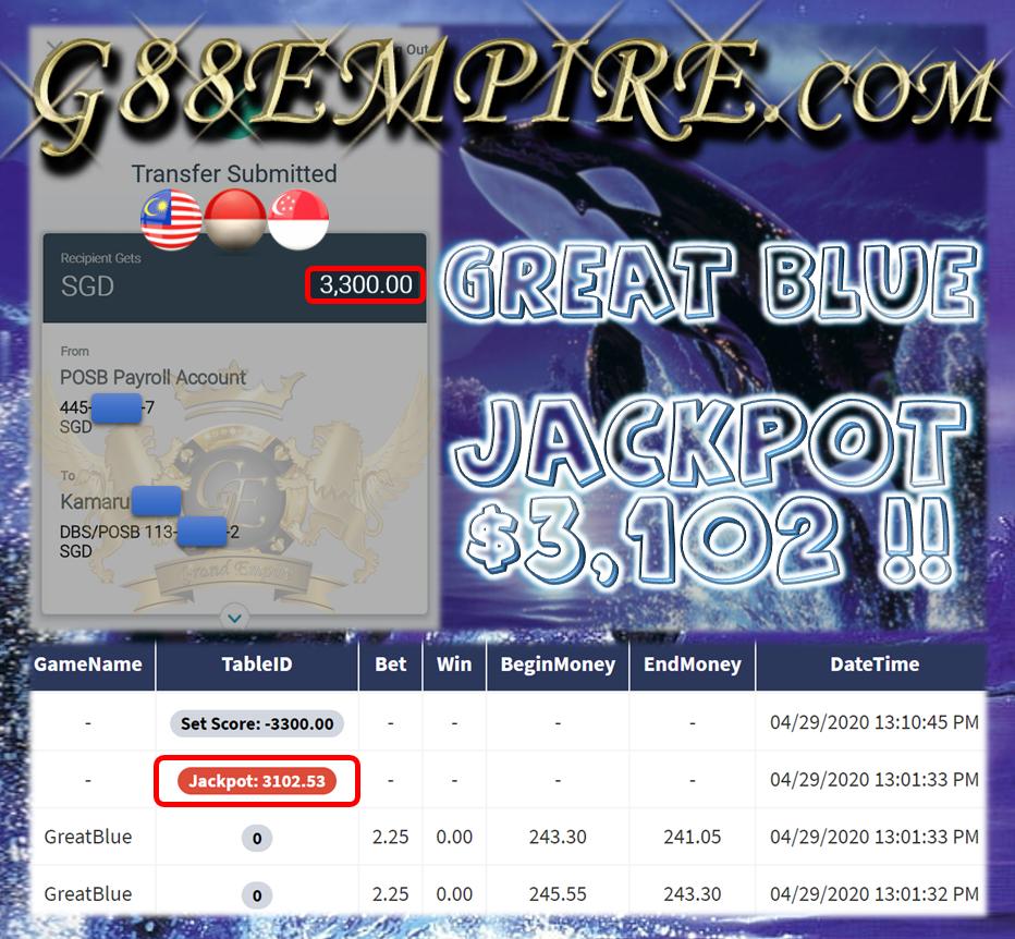 SLOT GREAT BLUE JACKPOT $3,102 !!