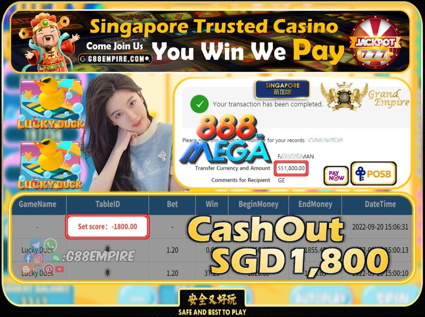 MEGA888 ~ LUCKYDUCK CASHOUT SGD1800 !!!