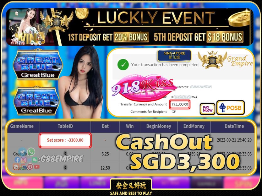 918KISS ~ GREATBLUE CASHOUT SGD3300 !!!