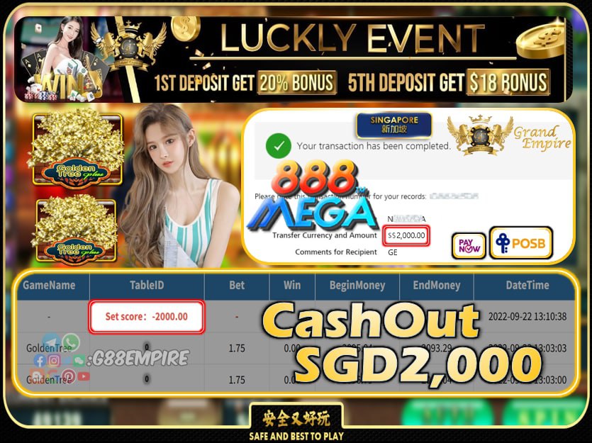 MEGA888 ~ GOLDENTREE CASHOUT SGD2000 !!!