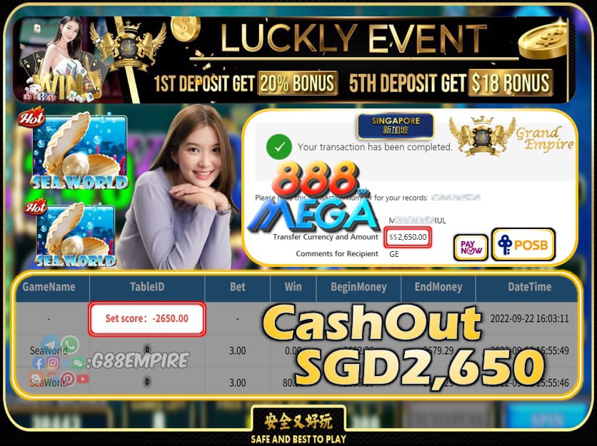 MEGA888 ~ SEAWORLD CASHOUT SGD2650 !!!