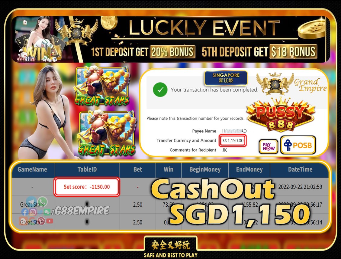 PUSSY888 ~ GREATSTARS CASHOUT SGD1150!!!