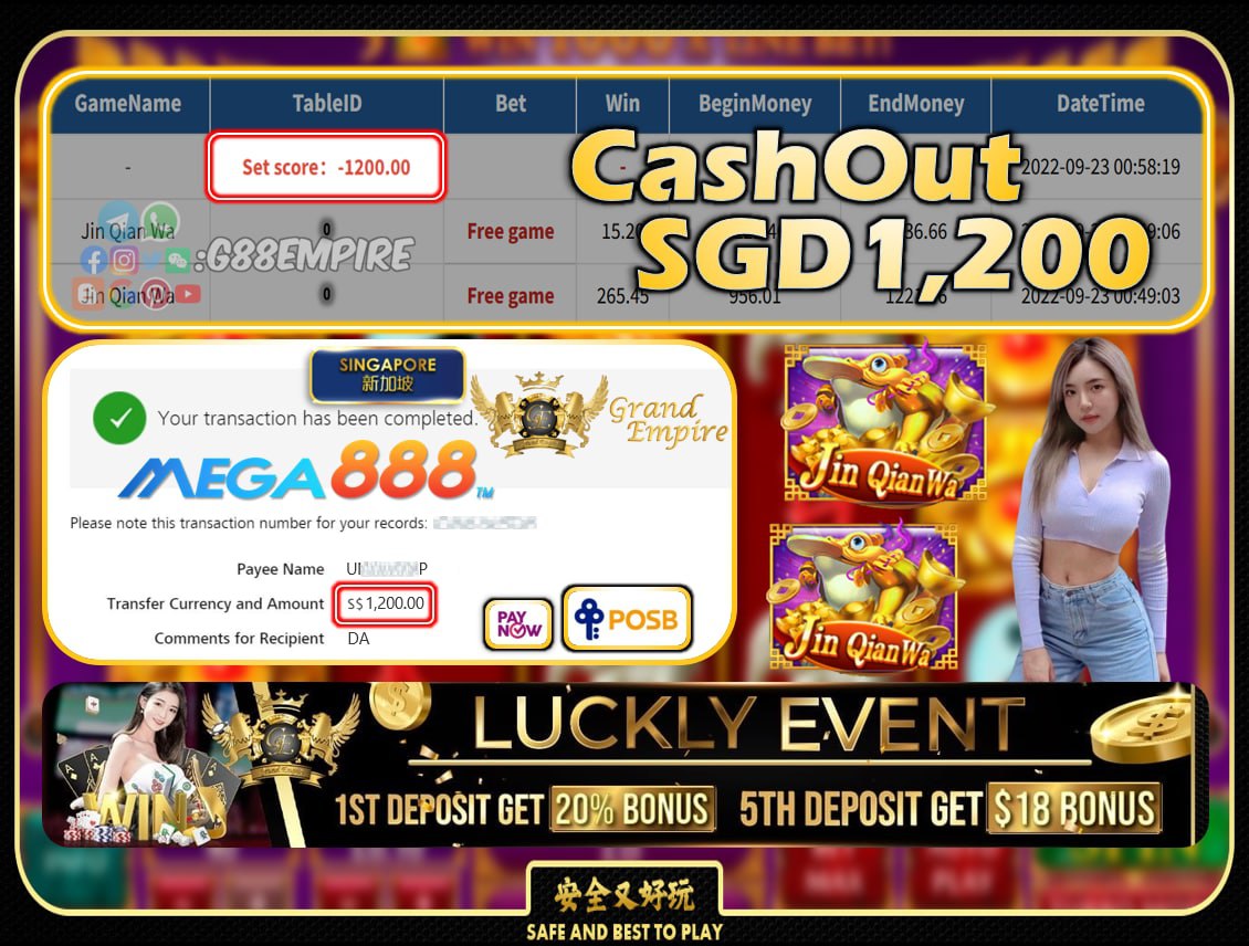 MEGA888 ~ JINQIANWAN  CASHOUT SGD1200!!!