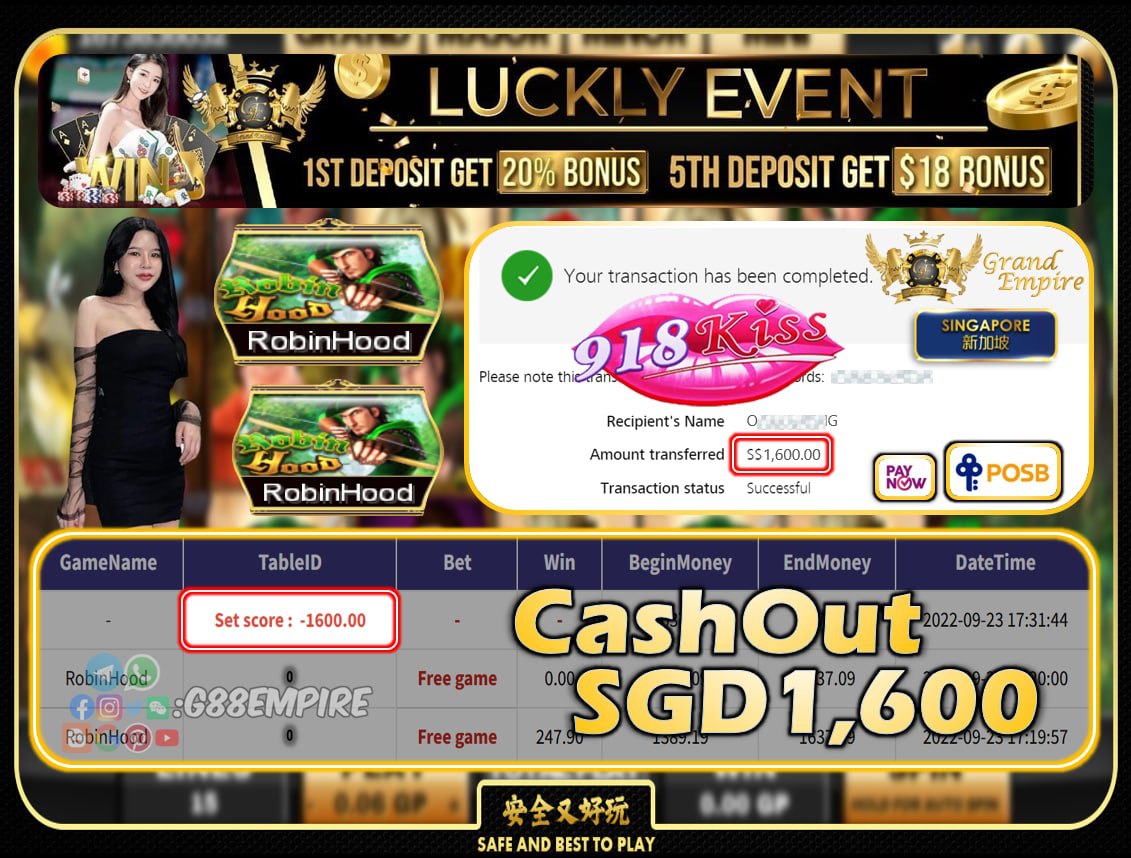 918KISS ~ ROBINHOOD CASHOUT SGD1600!!!