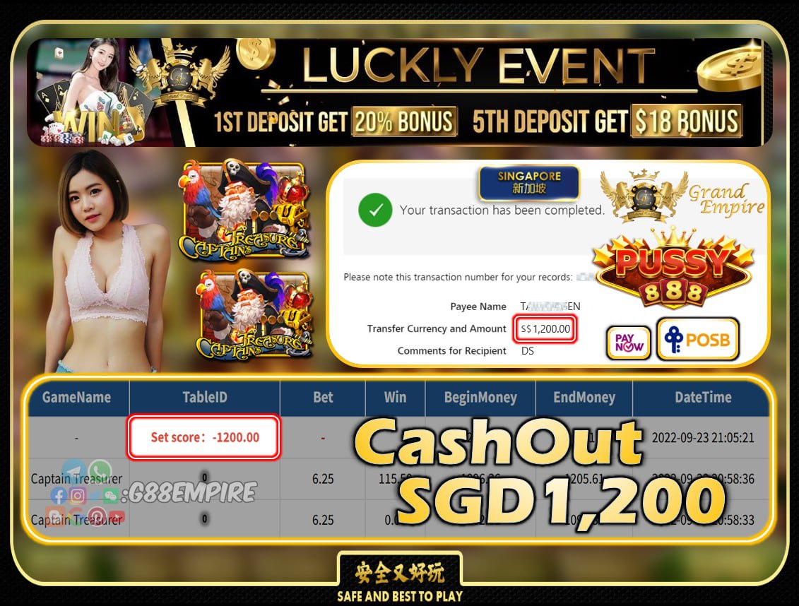 PUSSY888 ~ CAPTAINTREASURE CASHOUT SGD1200!!!