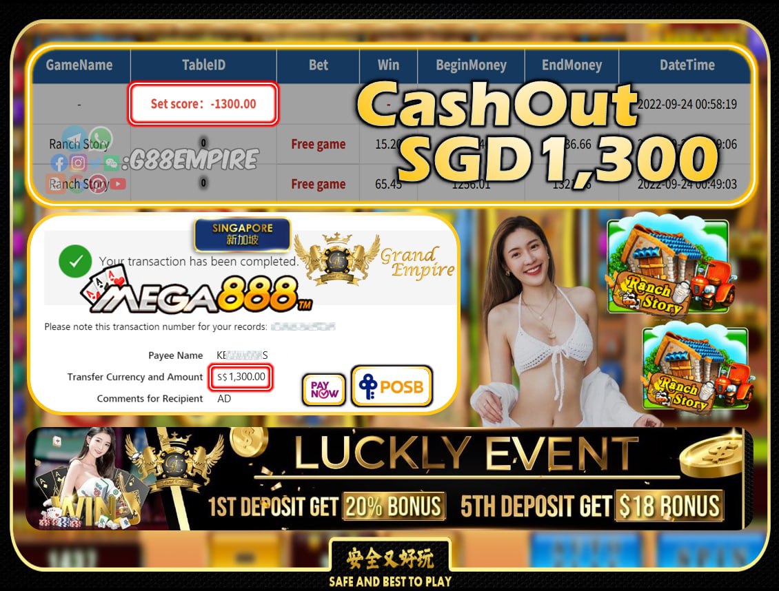 MEGA888 ~ RANCHSTORY CASHOUT SGD1300!!!