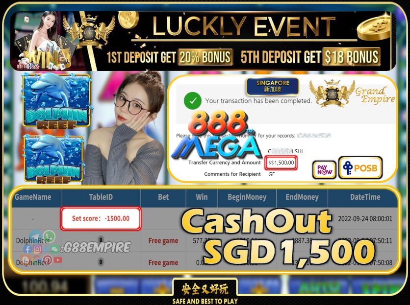 MEGA888 ~ DOLPHINREEF CASHOUT SGD1500 !!!