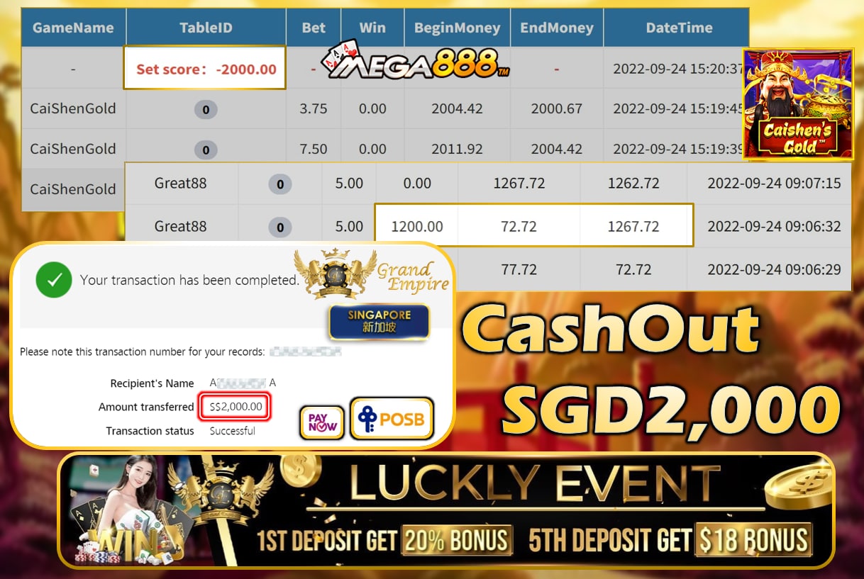 MEGA888 ~ CAISHENGOLD CASHOUT SGD2000 !!!