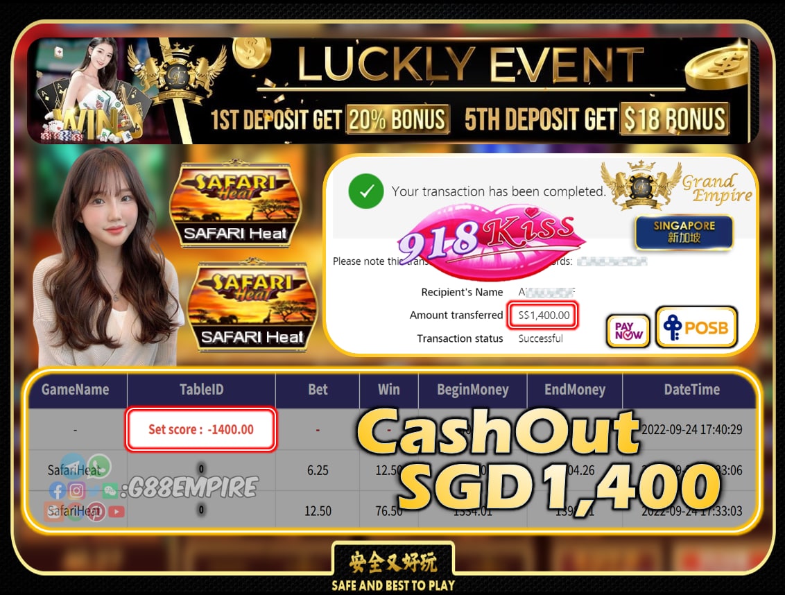 918KISS ~ SAFARIHEAT CASHOUT SGD1400!!!