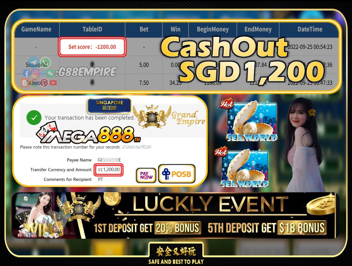 MEGA888 ~ SEAWORLD CASHOUT SGD1200!!!