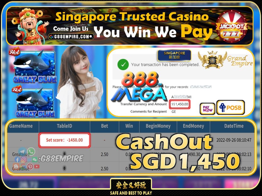 MEGA888 ~ GREATBLUE CASHOUT SGD1450 !!!