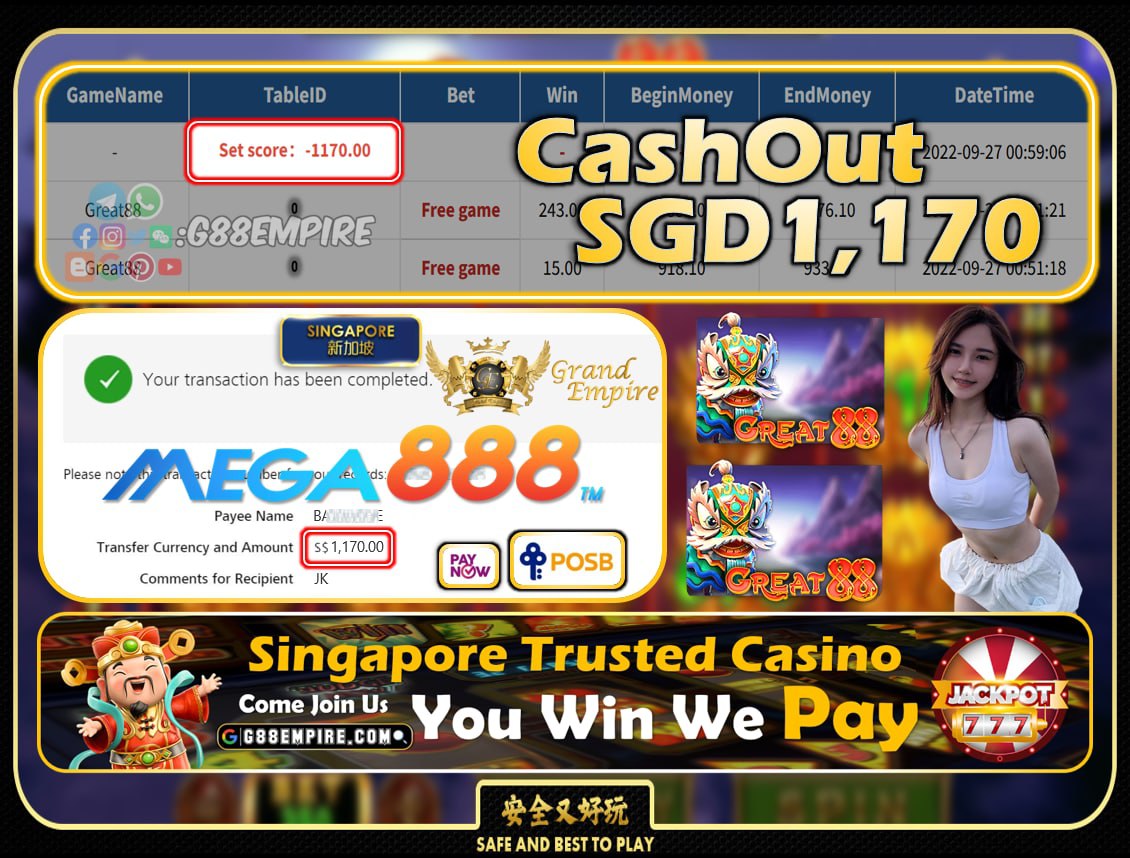 MEGA888 ~ GREAT88 CASHOUT SGD1170!!!