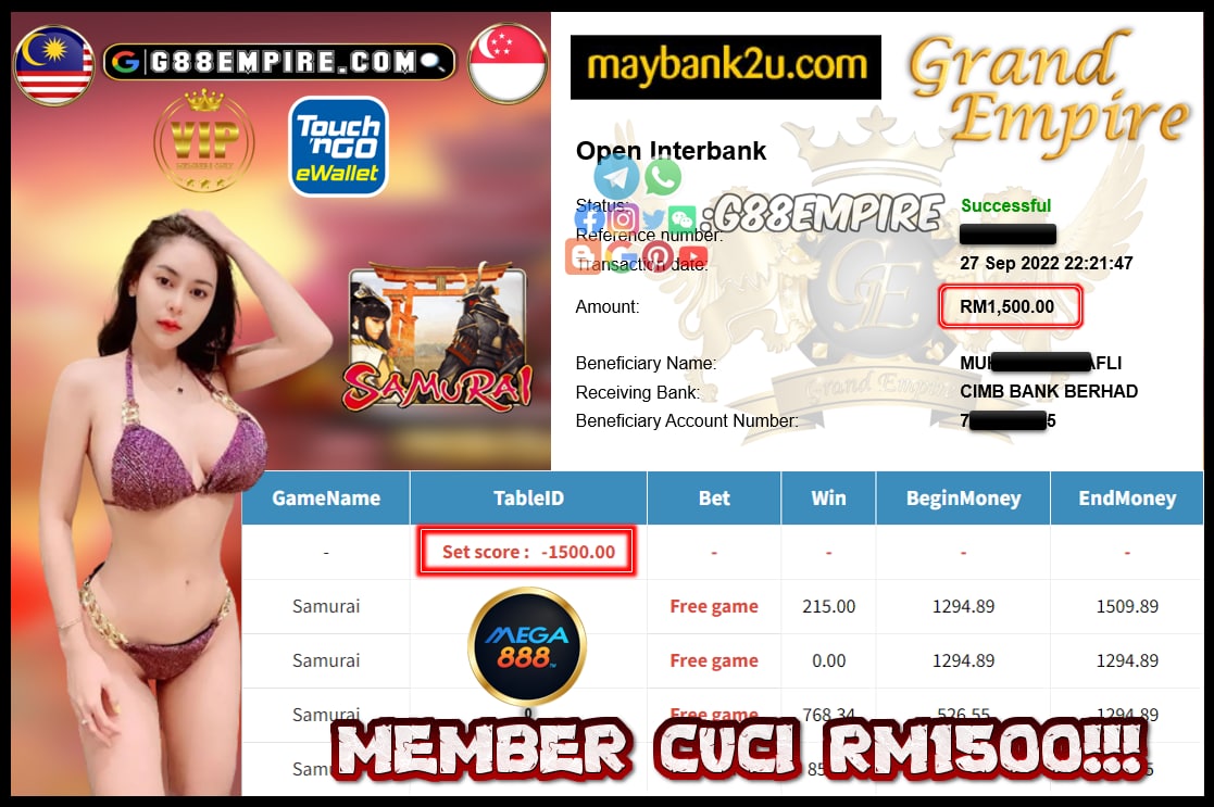 MEGA888 SAMURAI CUCI RM1500!