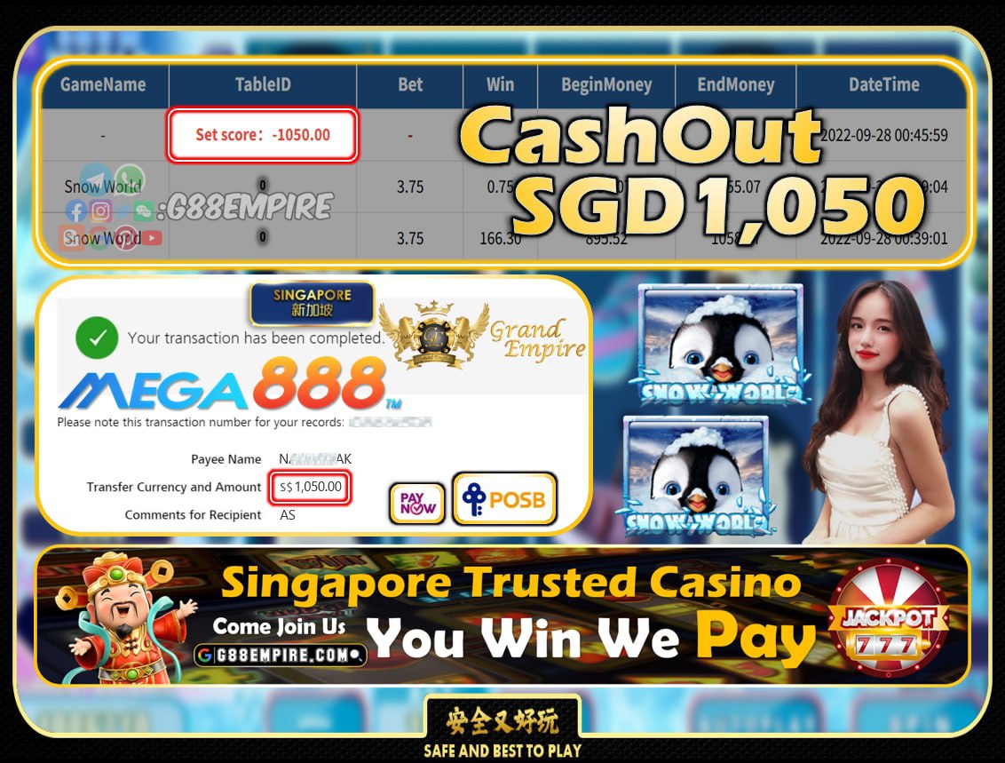 MEGA888 ~ SNOWWORLD CASHOUT SGD1050!!!