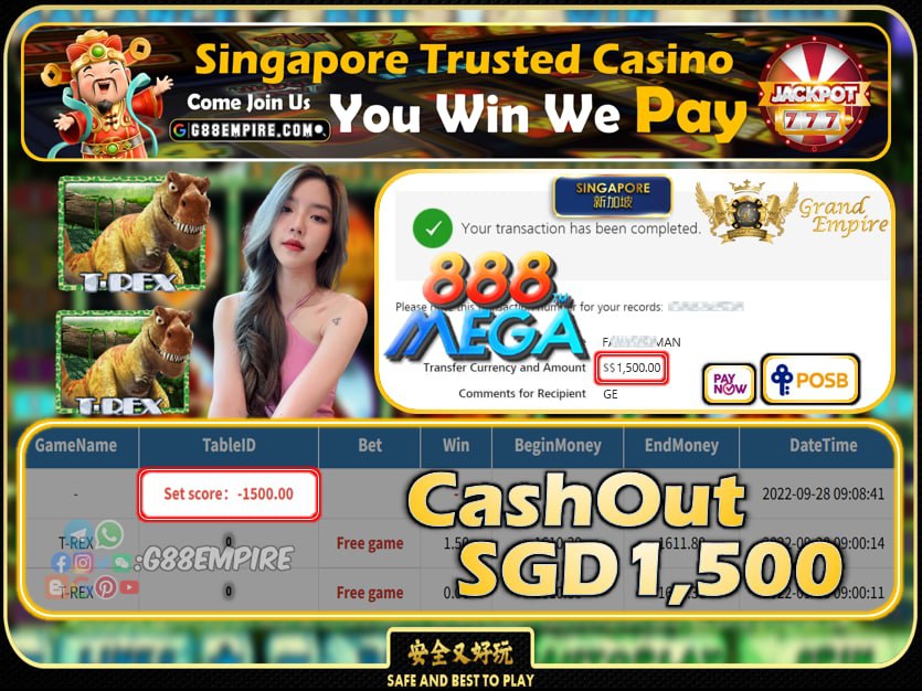 MEGA888 ~ T-REX CASHOUT SGD1500 !!!