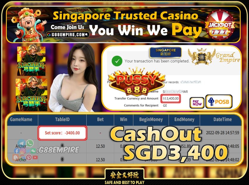 PUSSY888 ~ ARCHER CASHOUT SGD3400 !!!