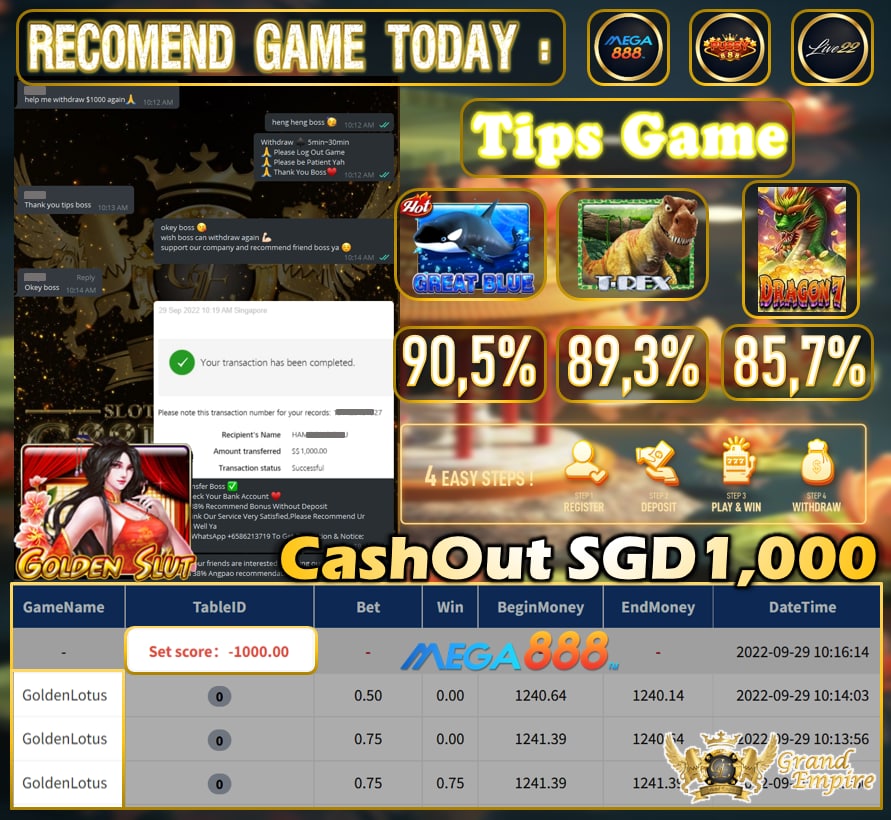 MEGA888 ~ GOLDENSLUT CASHOUT SGD1000 !!!