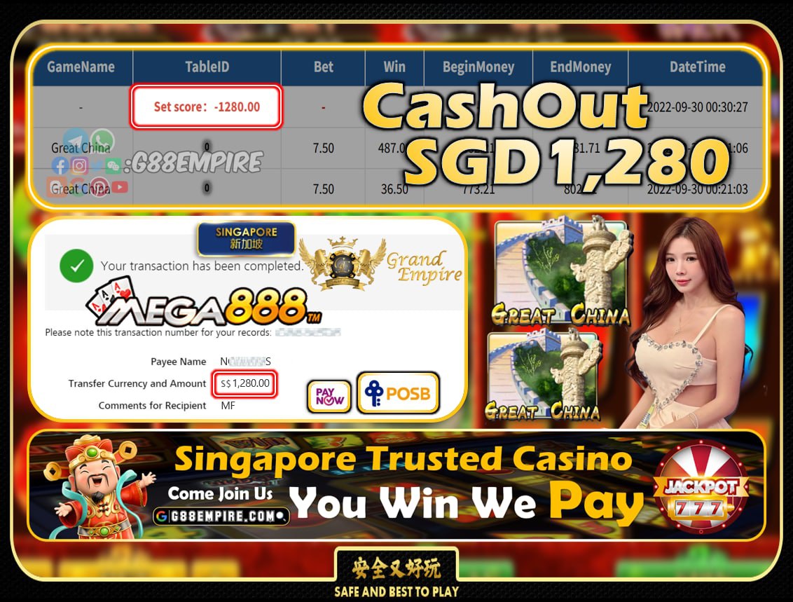 MEGA888 ~ GREAT CHINA CASHOUT SGD1280!!!