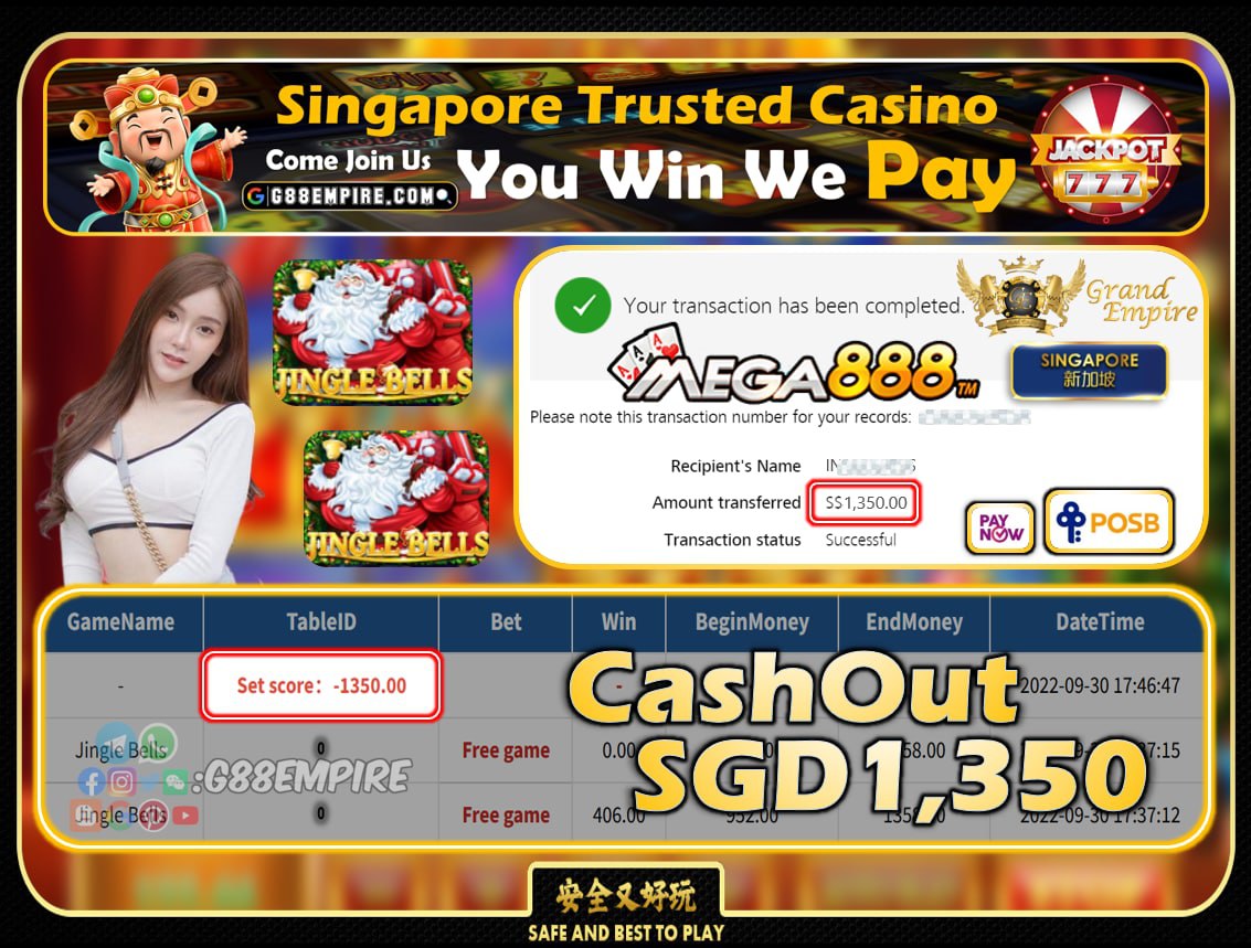 MEGA888 ~ JINGLEBELLS CASHOUT SGD1350!!!