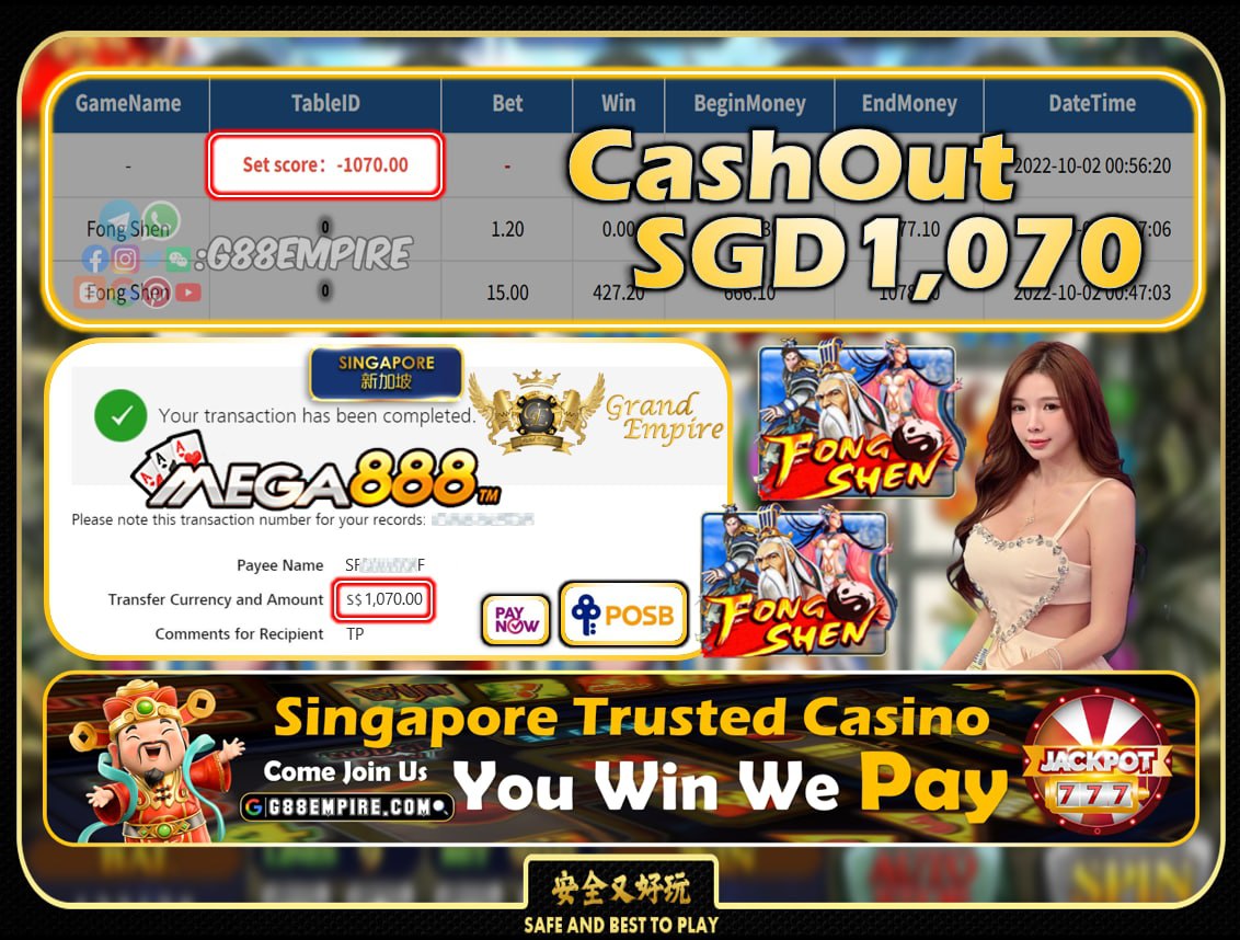 MEGA888 ~ FONGSHEN CASHOUT SGD1070!!!