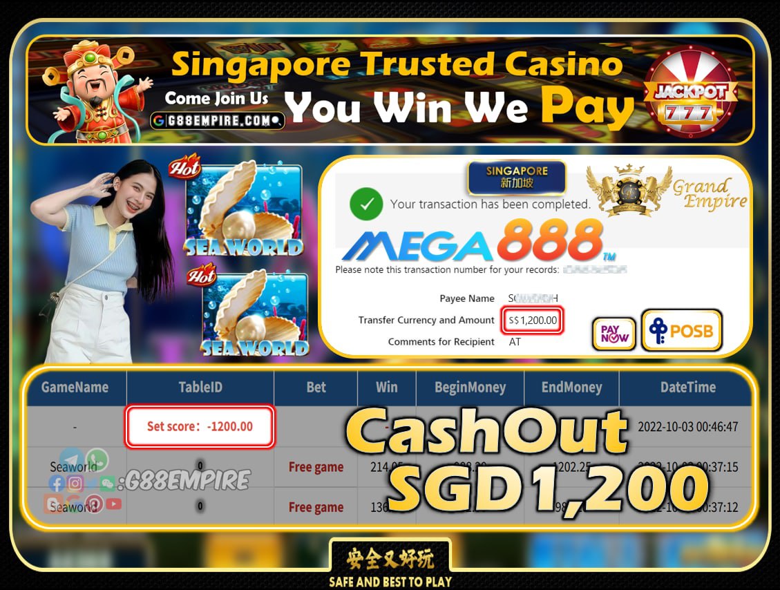 MEGA888 ~ SEAWORLD CASHOUT SGD1200!!!