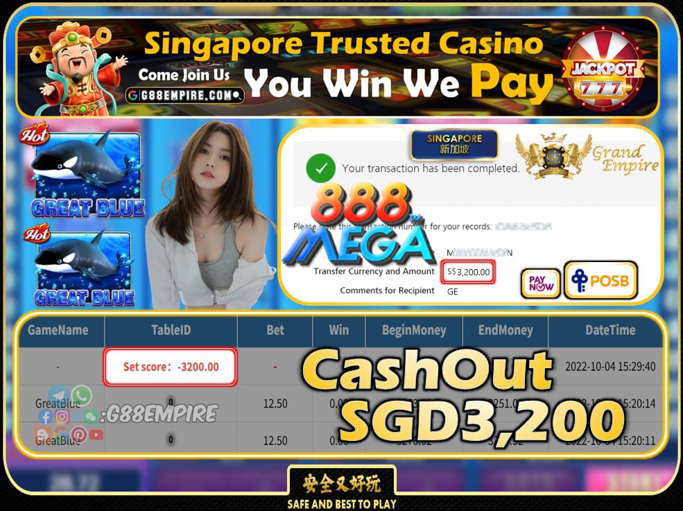 MEGA888 ~ GREATBLUE CASHOUT SGD3200 !!!