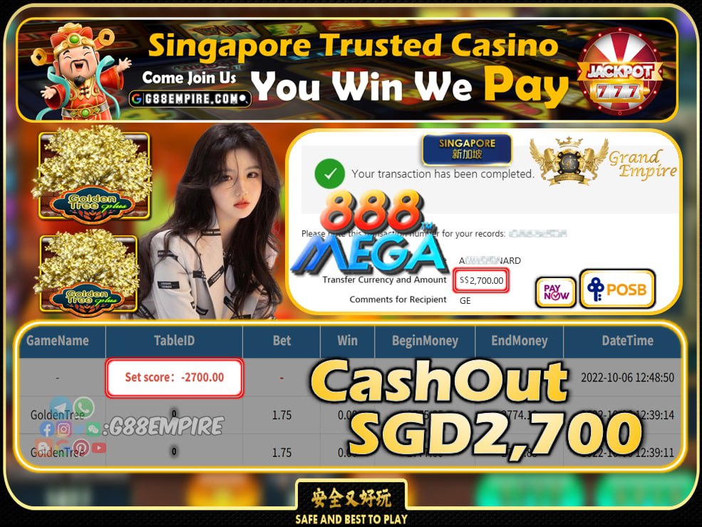 MEGA888 ~ GOLDENTREE CASHOUT SGD2700 !!!