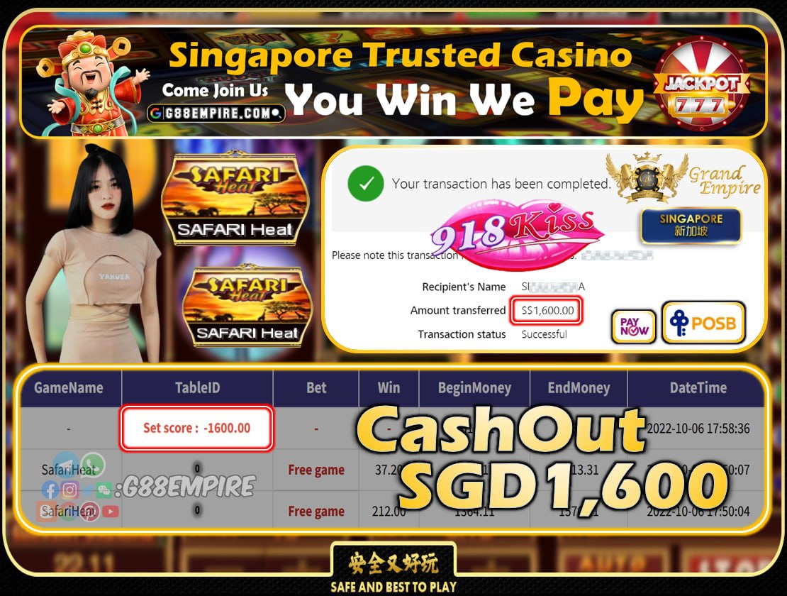 918KISS ~ SAFARIHEAT CASHOUT SGD1600!!