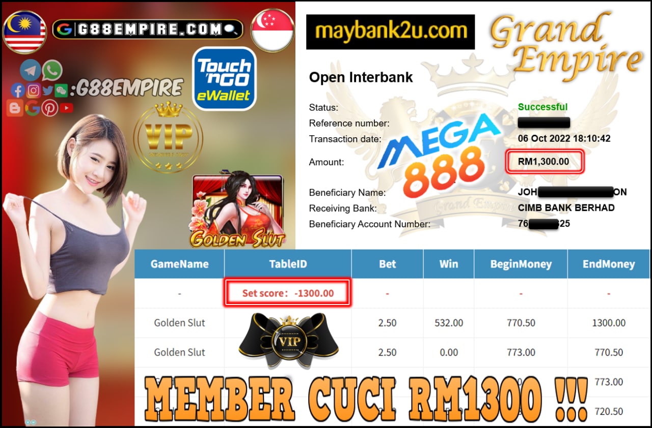 MEGA888 - GOLDEN SLUT CUCI RM1300