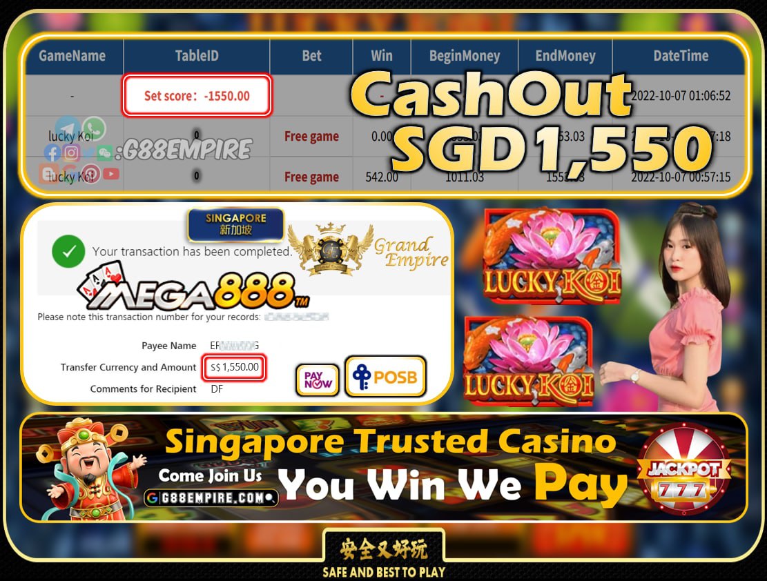 MEGA888 ~ LUCKY KOI CASHOUT SGD1550!!